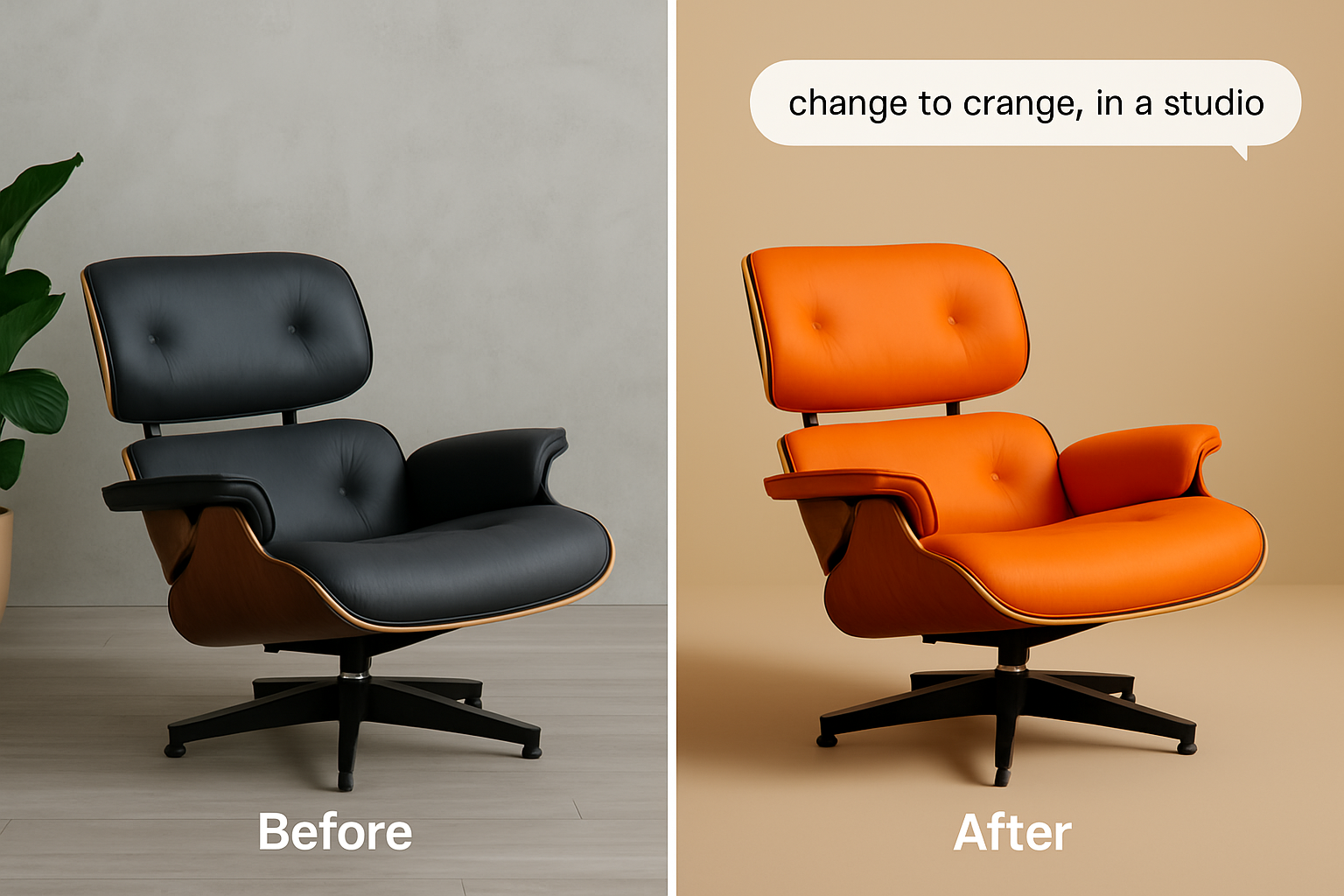 Before and after comparison showing professional results from simple text instructions