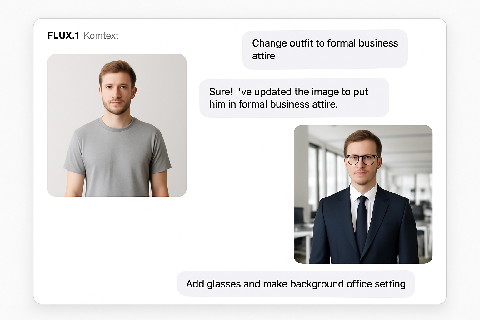 Example of conversational editing flow with before/after images