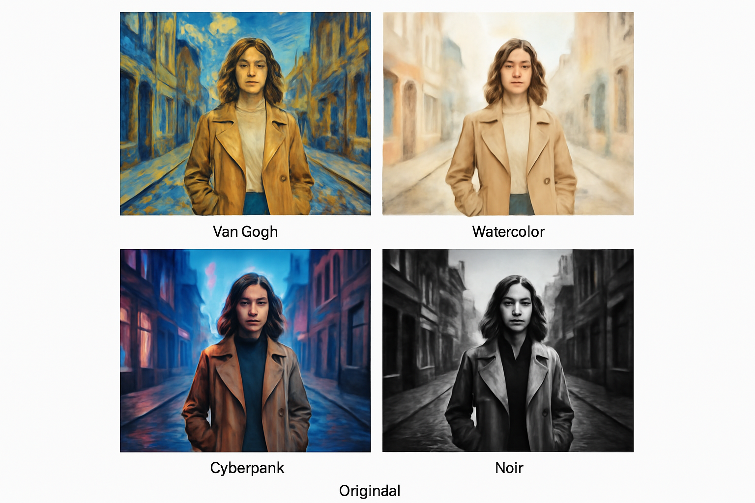 Style transfer examples showing the same image in different artistic styles